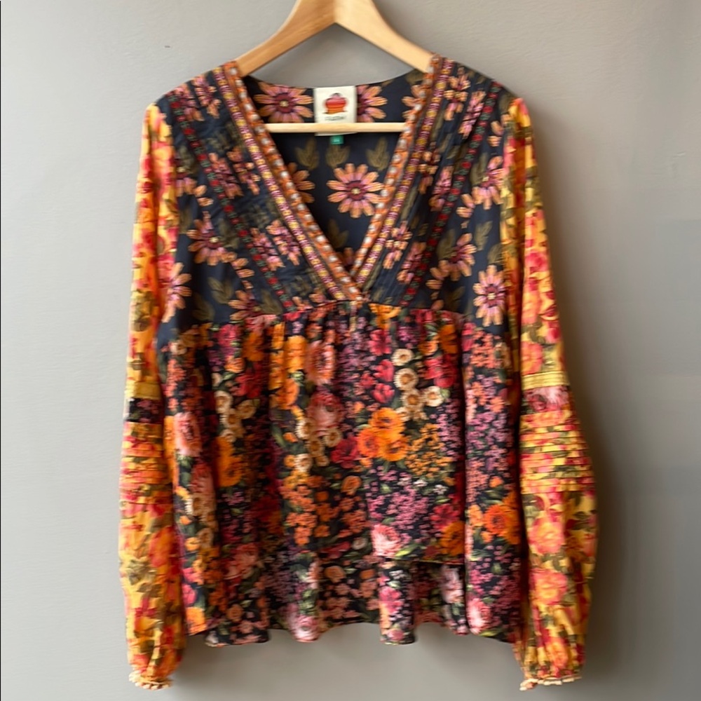 FARM Rio Floral V-Neck Peasant Blouse in Navy, Pink, Orange, Yellow